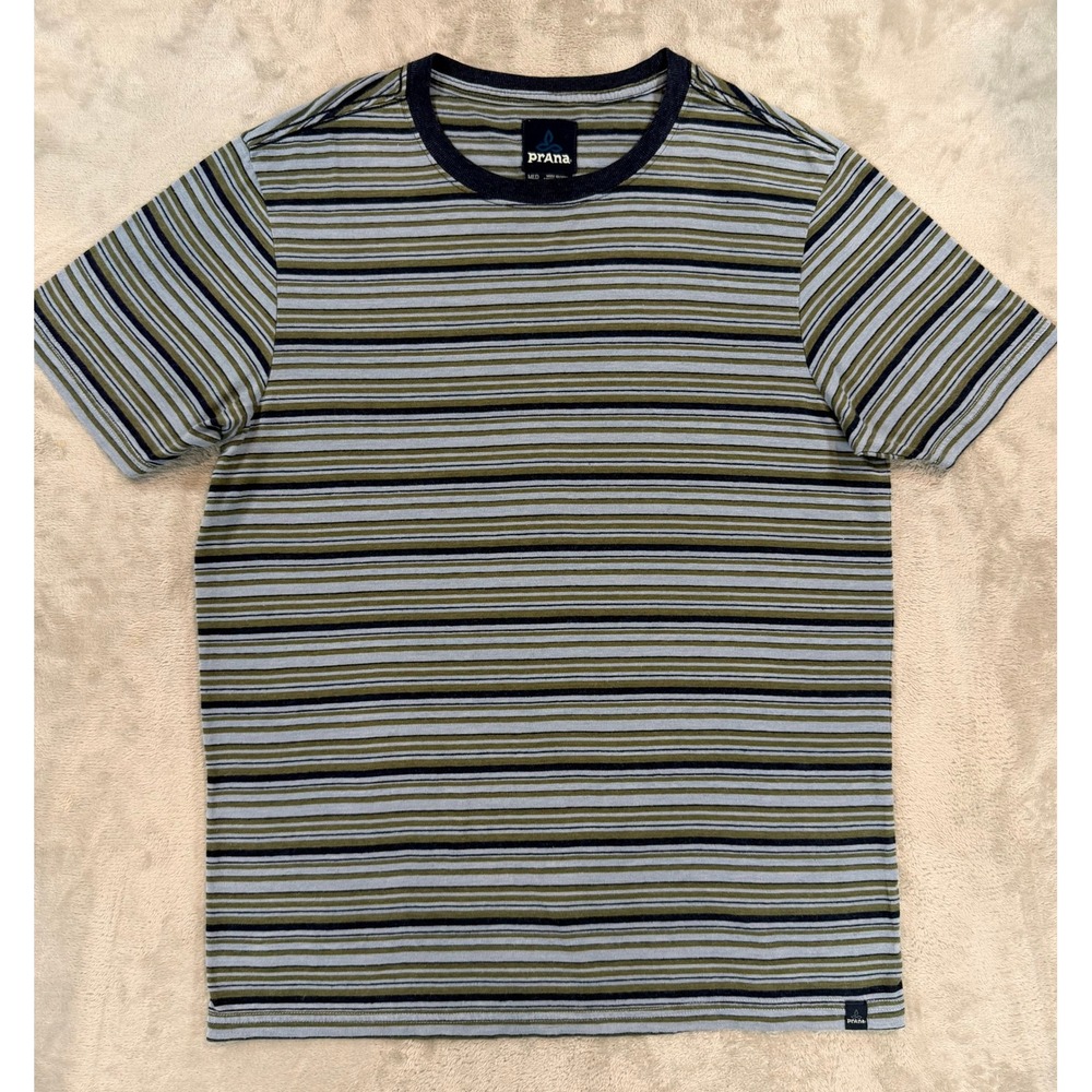 PrAna Mens T-Shirt Striped Crew Neck Short Sleeve Blue Green Medium